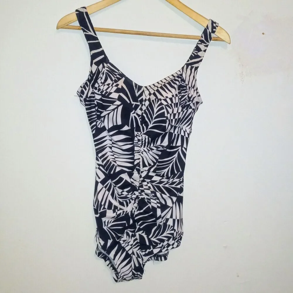 VTG Maxine Of Hollywood Palm Leaf One Piece Swimsuit-Size 12-Ruched-Lined-Pads